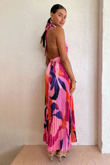 Halter Backless Floral Print Pleated Sleeveless Maxi Dresses