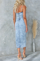 Spaghetti Strap Cutout Bodycon High Slit Denim Distressed Midi Dresses-Blue