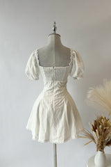 Square Neck Puff Sleeve Striped Godets Mini Dresses-White
