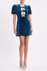 Cutout Bow Puff Sleeve A-Line Slim Fit Velvet Mini Dresses-Blue