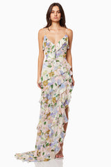 Floral Print Ruffled V Neck High Slit Tiered Maxi Dresses-Pink