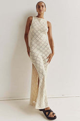 Hollow Out Boat Neck Sleeveless Knitted Bodycon High Slit Cover Up White Maxi Dresses