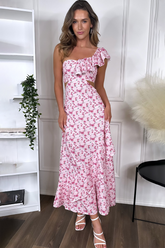 Floral Print Frilled One Shoulder Waist Cutout Midi Dresses-Pink