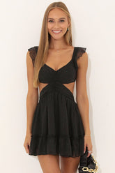 Cut Out Back Lace Up Ruffle Sleeveless Party Mini Dresses-Black
