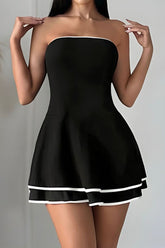 Strapless Colorblock Trim Layered Hem Elegant Mini Dresses-Black