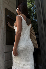 Knit Hollow Out Pattern Deep V Neck Midi Slip Dresses-White