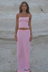 Knit Plaid Pattern One-Shoulder Strap Crop Top Vacation Maxi Skirt Matching Set-Pink