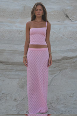 Knit Plaid Pattern One-Shoulder Strap Crop Top Vacation Maxi Skirt Matching Set-Pink