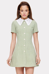 Plaid Print Button Up Doll Collar A-Line Mini Dresses-Green Pre Order