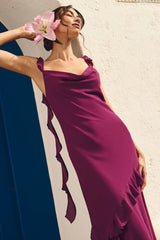 Cowl Neck Sleeveless Asymmetric Ruffle Gown Maxi Dresses-Purple