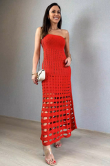 Knit Strapless Slim Fit Hollow Out Vacation Maxi Dresses-White