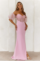 Tulle Patchwork Puff Sleeve Corset High Slit Maxi Dresses-Pink