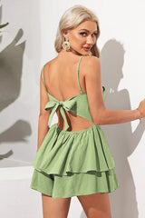 Cami Boat Neck Backless Cutout Bow Knotted Tiered Ruffle White Mini Dresses