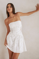 Floral Pattern Hollow Out Strapless Cinch Waist Mini Dresses-White Pre Order