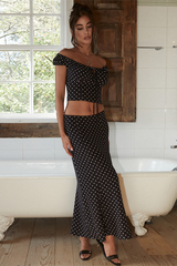 Polka Dot Print Tie Up Crop Top Slim Fit Maxi Skirt Matching Set-Black