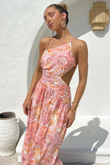 Cami Irregular Neck Cross Back Cutout Floral Print Pleated Vacation Midi Dresses