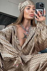 Graphic Print Long Sleeve Blouse Wide Leg Pants Matching Set-Black