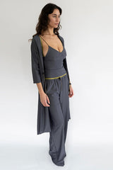 Drawstring Sweetheart Neck Cami Tank Top Wide Leg Pants Matching Set-Grey