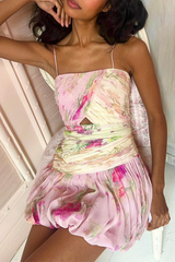 Floral Print Pleated Cinch Waist Bubble Hem Spaghetti Strap Mini Dresses-Pink