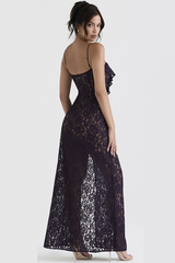 Floral Jacquard Lace Ruffled Deep V Neck High Slit Maxi Slip Dresses-Black