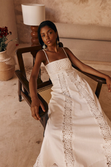 Crochet Patchwork A-Line Vacation Maxi Strappy Dresses-White