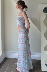 Ditsy Floral Print Crop Cami Low-Rise Slim Fit Maxi Skirt Matching Set-Blue