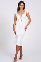 Irregular Neck Lace-Up Lace Trim Fishtail Midi Dresses-White Pre Order