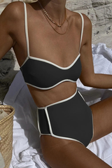 Contrast Binding V Neck Crop Cami High Waist Bikini Two-Piece Set-Black