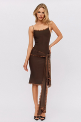 Lace Trim Slim Fit Tie Up Streamer Spaghetti Strap Midi Dresses-Brown