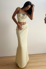 Bow Decor Crop Cami Slim Fit Fishtail Hem Maxi Skirt Matching Set-Beige