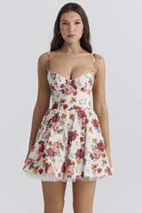 Floral Pattern Cinch Waist Mini Slip Dresses-White