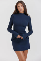Plain Mock Neck Flared Sleeve Slim Fit Pocket Mini Dresses-Blue