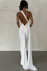 One Shoulder Sleeveless Sash Ring Decor Ruched Backless Elegant Evening Gown White Maxi Dresses