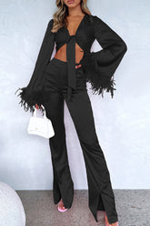 Feather Long Flare Sleeve Tied Up Crop Top 2pcs Pants Set