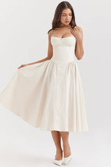 Elegant Cinch Waist Pleated Formal Party Slip Midi Dresses-Beige