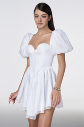 Puff Sleeve Button Asymmetric Hem Corset Mini Dresses-White Pre Order