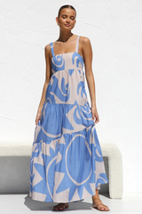 Graphic Print Thick Straps Boat Neck A-Line Vacation Maxi Dresses-Blue