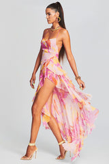 Vacation Cami Boat Neck Floral Print Irregular Ruffle Hem High Slit Tulle Maxi Dresses