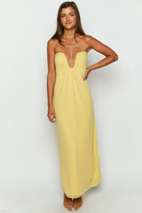 Off Shoulder Notched V Neck Ruched Formal Party Layered Plain Maxi Dresses-Yellow
