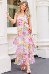 Spaghetti Strap Floral Print Tied Up Tiered Maxi Dresses-Pink