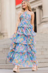 Halter Floral Print Backless Ruffle Layered Maxi Dresses-Blue Pre Order