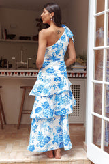 Floral Print One Shoulder Ribbon Layered Hem Wedding Guest Maxi Dresses-Blue