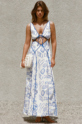 Shoreline Print Cutout Deep V Neck Backless Tie Up Maxi Tank Dresses-Blue