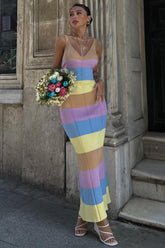 V Neck Colorblock Knit Slim-Fit Sleeveless Maxi Sweater Dresses-Purple