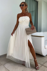 Floral Textured Pattern Strapless A-Line Slit Flowy Maxi Dresses-White