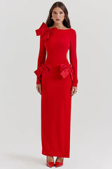 Bow Decor Long Sleeve Backless Slim Fit Side Slit Gowns Maxi Dresses-Red
