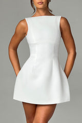 Solid Color A-Line Backless Mini Tank Dresses-White