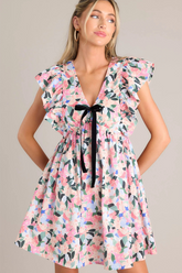 Floral Print V Neck Bow Decor Ruffled Sleeve A-Line Mini Dresses-Pink