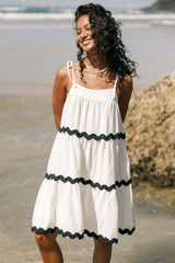 Colorblock Ripple Trim Loose Fit A-Line Midi Slip Dresses-Beige