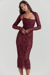 Floral Lace Shrug Ruched Slip Midi Dresses Matching Set-Burgundy